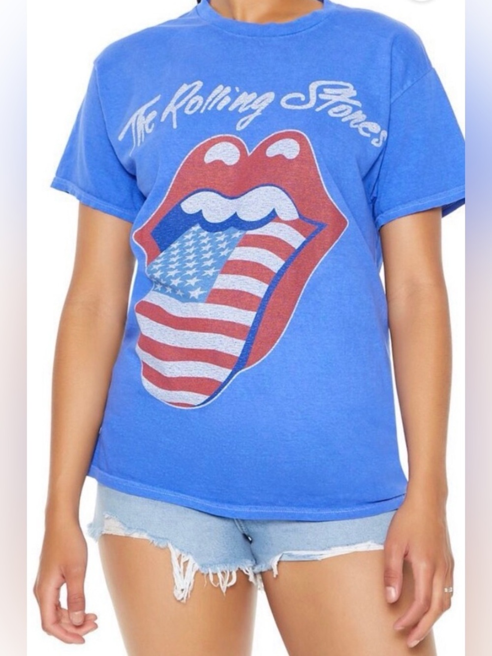 The Rolling Stones Blue Distressed Tee with Flag Tongue Graphic